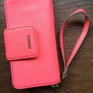 Fossil leather Wallet clutch + strap - coral pink
